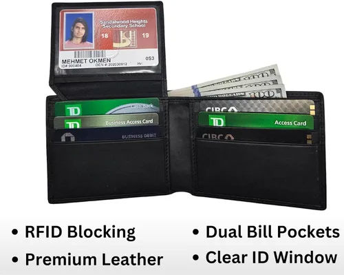 Miniatura 9 de Billetera plegable personalizada de piel auténtica para hombre, con bloqueo RFID, con ventana de identificación, tarjetero de cuero genuino