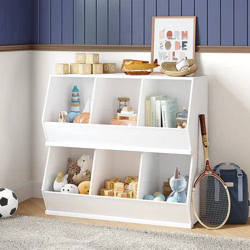Miniatura 4 de UTEX Armario apilable de almacenamiento de juguetes, organizador de cubos de madera, estante blanco para sala de juegos, dormitorio, sala de estar