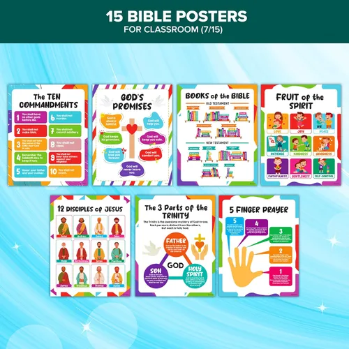Miniatura 6 de Decorably 15 vibrantes pósteres bíblicos para el aula de niños, educativos, decoración laminada mate de 11 x 14 pulgadas, para la escuela, pasillos