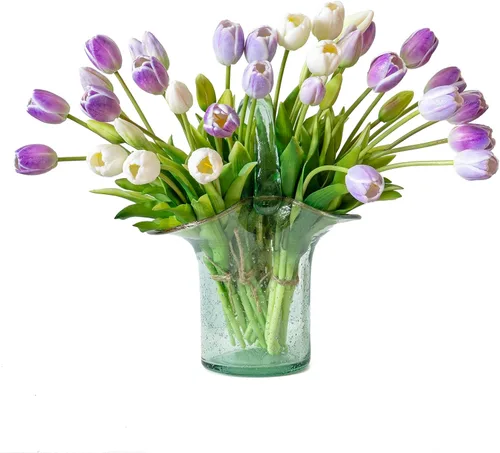 Miniatura 8 de DUYONE 15 flores de tulipanes artificiales, suave al tacto, realista, ramo de tulipanes de látex para el hogar, oficina, boda, fiesta, decoración