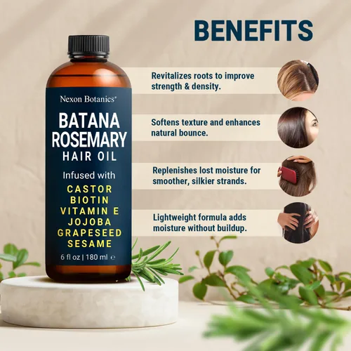 Miniatura 2 de Nexon Botanics Aceite de romero Batana para el crecimiento del cabello, 6 onzas líquidas, aceite ligero para el cuero cabelludo para cabello seco