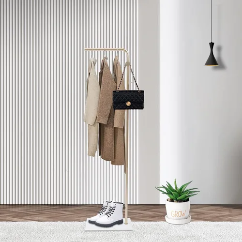 Miniatura 2 de Perchero para ropa de 67 pulgadas con base de almacenamiento y ganchos, perchero resistente para colgar ropa, bolsos, sombreros y zapatos para Dorado