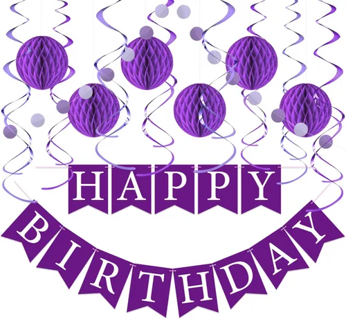 Miniatura 12 de Kit de decoraciones de cumpleaños pastel - Set de 17 piezas con pancarta de feliz cumpleaños pre-hilada, bolas de panal, guirnalda y remolinos