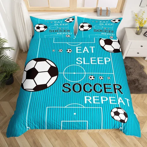 Miniatura 16 de jejeloiu Juego de ropa de cama de fútbol para niños, tamaño individual, juego de funda de edredón de fútbol para niños y niñas, funda de edredón