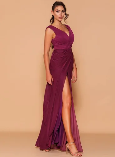 Miniatura 3 de GOEBAODEEN Vestidos largos de dama de honor con cuello en V para boda, vestido de noche formal de gasa plisada con abertura alta