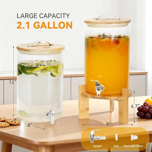 Miniatura 2 de WILLOW WEAVE - Dispensador de bebidas de vidrio de 2.1 galones con soporte, dispensador grande de bebidas para fiestas, grifo a prueba de fugas