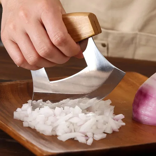 Miniatura 3 de Cuchillo Ulu Mezzaluna de Alaska de 5 pulgadas, Cortador Rebanador Picador Balancín para Verduras de Ensalada, Troceado Picado Picado Fino Cuchilla