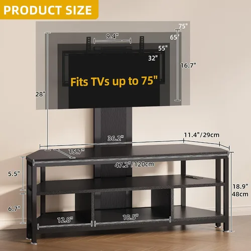 Miniatura 2 de DWVO Soportes de TV negros para sala de estar con toma de corriente, soporte de TV con montaje, centro de entretenimiento LED para TV de 70/65/60