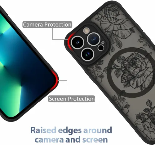 Miniatura 2 de AIGOMARA Funda para iPhone 13 Pro Max [compatible con MagSafe] Diseño de patrón floral de flores negras para mujeres y niñas, TPU suave, parte
