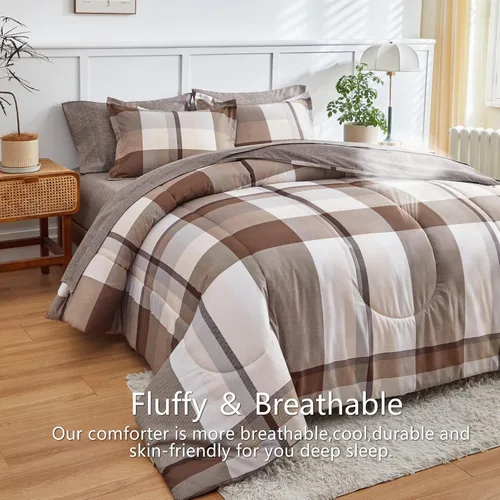 Miniatura 4 de AIKASY Bed in a Bag - Juego de edredón reversible de microfibra suave de 7 piezas tamaño Queen con diseño de cuadros marrones para todas