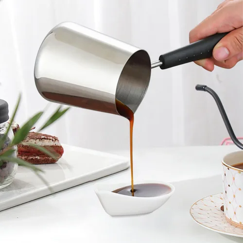 Miniatura 4 de Cafetera turca de 12 oz/11.8 fl oz jarra de espuma de leche para té, olla de fusión de mantequilla Jarra toroide de flores de acero inoxidable