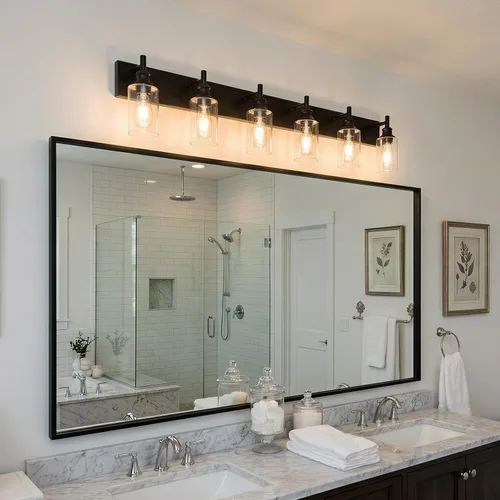 Miniatura 7 de 6 luces de tocador de baño, níquel cepillado, accesorios de iluminación de baño sobre espejo con vidrio transparente, aplique de pared industrial