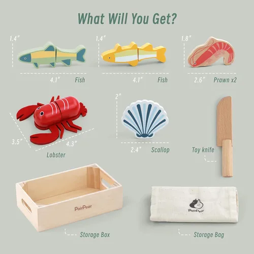 Miniatura 3 de PairPear Conjunto de Comida de Juguete de Madera para Cortar Mariscos - Comida de Juguete de Madera para Niños Pequeños Juego de Simulación