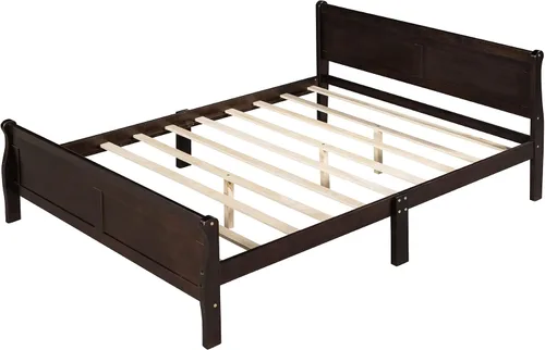 Miniatura 5 de Cama de plataforma de madera maciza tamaño matrimonial con cabecera y estribo de trineo, base de cama de plataforma de madera completa con Espresso