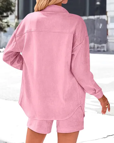 Miniatura 5 de KIRUNDO Conjunto casual de dos piezas para mujer, de manga larga, chaqueta y pantalones cortos