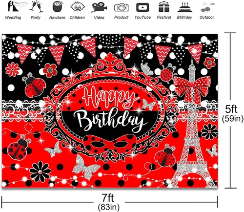 Miniatura 3 de Telón de fondo de cumpleaños de 7 x 5 pies, torre Eiffel, mariposa, rojo y negro, decoración de fiesta de feliz cumpleaños para niña, luces