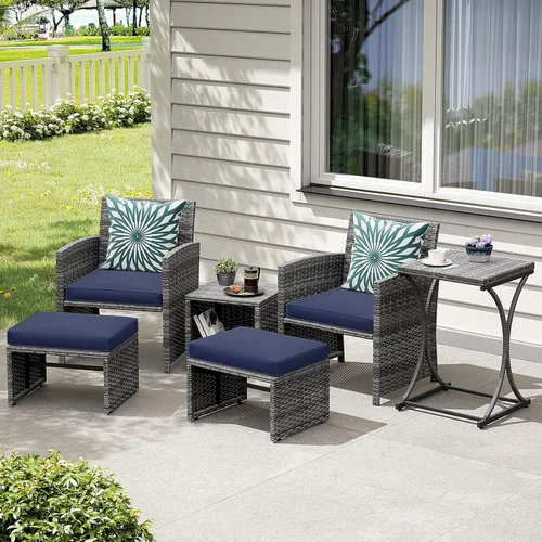 Miniatura 3 de OC Orange-Casual Juego de muebles de patio de 6 piezas con otomana, juego de silla y mesa de mimbre gris para exteriores, muebles de balcón