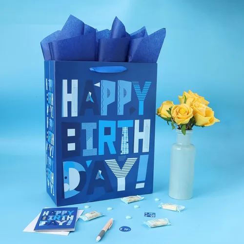 Miniatura 5 de wishinside Juego de bolsas de regalo azules extragrandes de 16.5" con tarjeta de felicitación y papeles de seda (Feliz cumpleaños azul) para fiestas