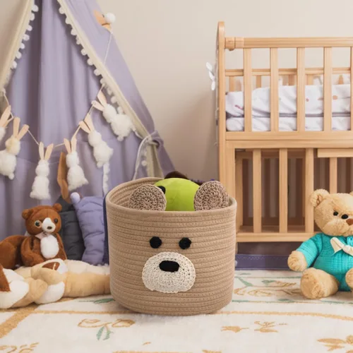 Miniatura 3 de Cestas de lavandería Bear, cesta de almacenamiento con asas, cesta decorativa para sala de estar, cesta de almacenamiento tejida para juguetes, Gris