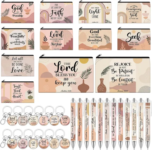 Miniatura 8 de 36 piezas de regalos cristianos para mujeres a granel, bolsas de maquillaje cristianas, llavero religioso, bolígrafos con versículos bíblicos, citas
