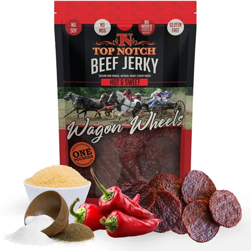 Miniatura 16 de Top Notch Wagon Wheels Jerky – Snacks altos en proteínas para niños y adultos hechos de carne de res criada localmente – Rondas sabrosas de carne