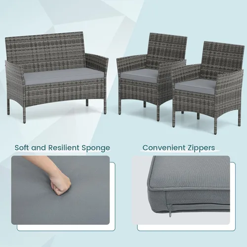 Miniatura 5 de RELAX4LIFE Juego de muebles de patio de 4 piezas – Juego de muebles de ratán para conversación al aire libre con cojines, mesa de centro de cristal