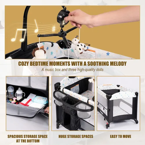 Miniatura 7 de Corral de bebé de altura ajustable 4 en 1, centro plegable para guardería con caja de música, estante de juguetes, almacenamiento lateral, Estrella