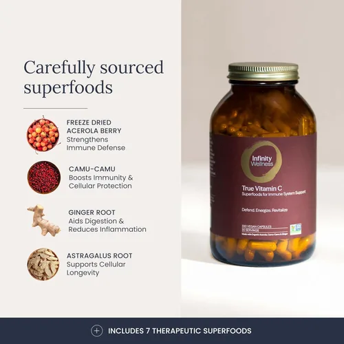 Miniatura 3 de Infinity-C Cápsulas orgánicas de vitamina C, VIT C biodisponibles de Acerola, Camu Camu y Amla, alimentos integrales de vitamina C de 1000 mg
