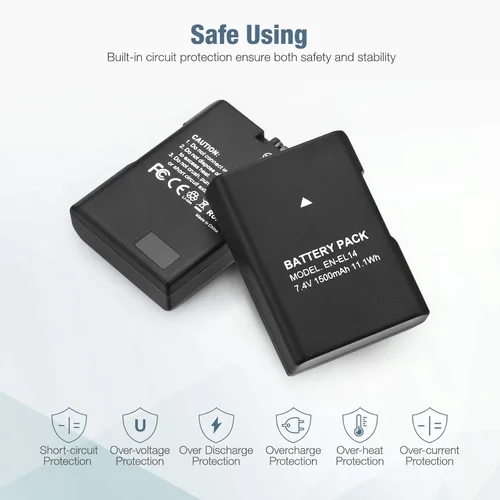 Miniatura 5 de EN-EL14 EN EL14A - Paquete de 2 baterías de iones de litio de 1500 mAh compatibles con Nikon D3100 D3200 D3300 D3400 D3500 D5100 D5200 D5300 D5500