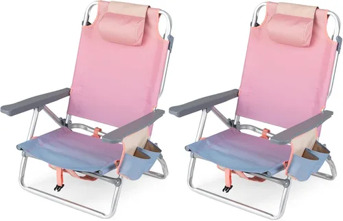 Miniatura 10 de Goplus Silla de playa, mochila plegable para adultos, sillas de playa con posiciones ajustables, almohada para la cabeza, bolsa refrigeradora