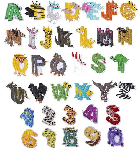 Harsgs 72 unidades de parches bordados para planchar con letras y números de animales, parches bordados con letras A-Z y números 0-9 en forma de