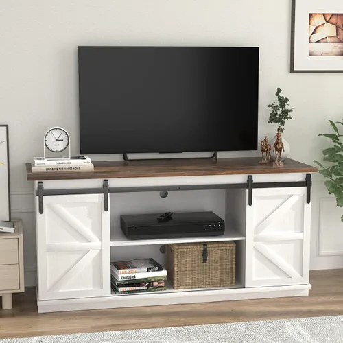 Miniatura 8 de JUMMICO Soporte de TV para TV de 65 pulgadas, centro de entretenimiento con armarios de almacenamiento y puertas corredizas de granero, consola
