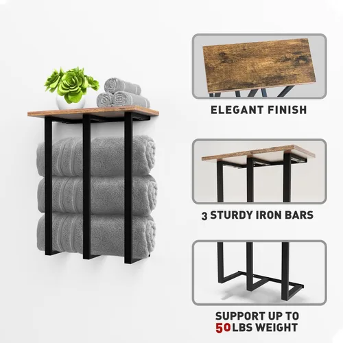 Miniatura 5 de Toallero montado en la pared con estante, hermoso almacenamiento para baño pequeño, organizador ordenado para toallas enrolladas, 3 barras de hierro