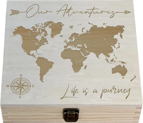 Our Adventures Box, 8.5 x 8 x 2.5 pulgadas, caja de madera, caja de recuerdo, caja de memoria, caja de regalo, regalo de 5 aniversario, ideas de