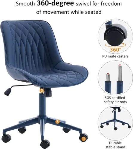 Miniatura 4 de YOUNIKE Silla de oficina ergonómica de piel sintética sin brazos, cómoda silla de escritorio con respaldo mecedor, bonita silla giratoria con Azul