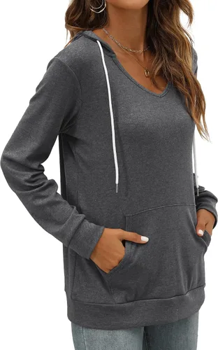Miniatura 3 de Saloogoe Sudaderas con capucha con bolsillo tipo canguro para mujer, cuello en V, ligeras, manga larga