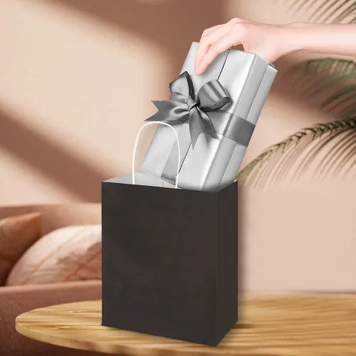 Miniatura 6 de Toovip Paquete de 100 bolsas de papel kraft negras medianas de 8 x 4.75 x 10 pulgadas con asas a granel, bolsas de regalo para regalos