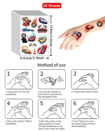 Miniatura 7 de 216 tatuajes temporales rápidos para decoraciones de fiestas temáticas de autos de carreras, 2 calcomanías rápidas y 2 de estilo curioso, tatuajes