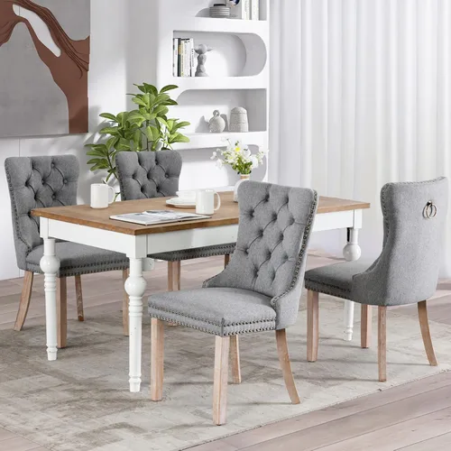 Miniatura 156 de SoarFlash Juego de 2 sillas de comedor de tela de lino, sillas de comedor tapizadas con ribete de cabeza de clavo y patas de madera de color claro