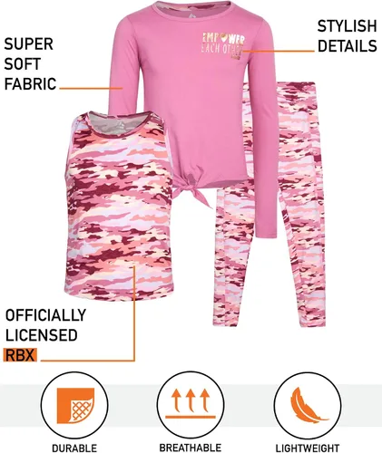 Miniatura 2 de RBX Girls' Active Pants Set - 3 Piece Long Sleeve Shirt, Tank Top, and Leggings (7-16)