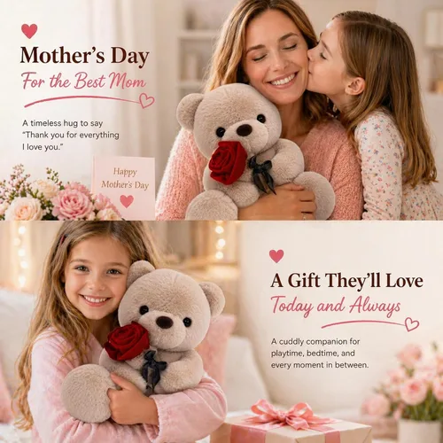 Miniatura 4 de Oso de peluche de San Valentín con rosa, lindo oso de peluche para tu ser querido, novia, cumpleaños, San Valentín, Navidad (9.84 pulgadas, marrón)