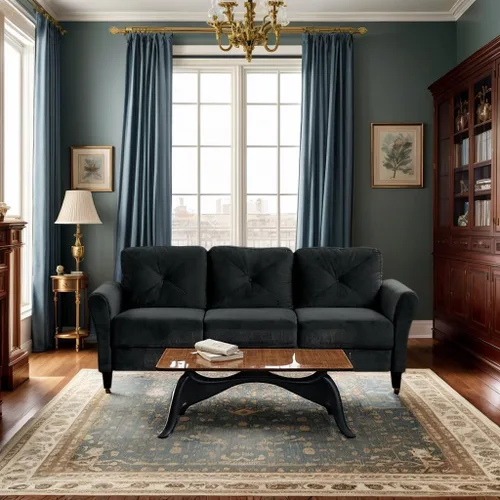 Miniatura 12 de Harper & Bright Designs Sofá individual tapizado de terciopelo con respaldo copetudo con botones, sillón moderno para sala de estar, color negro