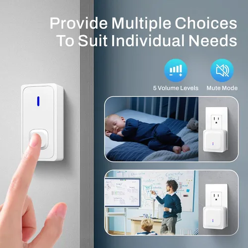 Miniatura 6 de BN-LINK Timbre inalámbrico con 2 botones, mini timbre de puerta impermeable, fácil instalación, rango de 1000 pies, volumen ajustable y 58 Blanco