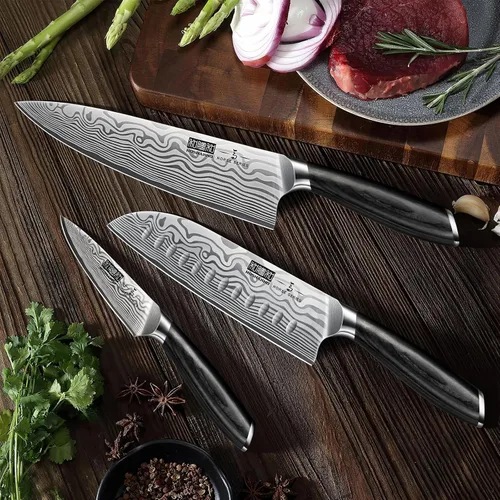 Miniatura 6 de HOSHANHO Juego de cuchillos de 3 piezas, juego profesional de cuchillos de cocina de acero en polvo de alto carbono, juego de cuchillos ultra