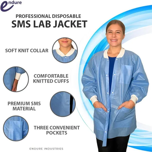 Miniatura 2 de Endure Lab - Chaqueta desechable, longitud de cintura o cadera, cuello de punto y puños de punto, material SMS, diseño transpirable, caja de 10