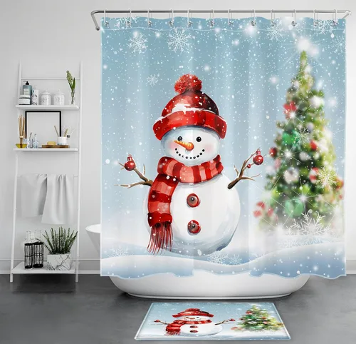 Miniatura 15 de LB Cortina de ducha de muñeco de nieve azul para baño, árbol de Navidad y copo de nieve en invierno con ganchos, juego de cortina de baño