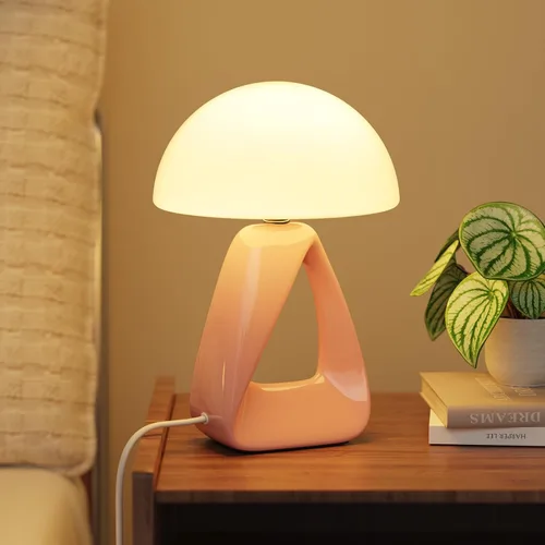 Miniatura 13 de Lámpara de hongo, pequeña lámpara de mesa para dormitorio, lámpara de noche creativa geométrica con base de cerámica, lámpara de mesa auxiliar