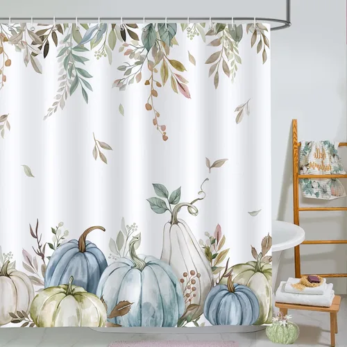 Bonhause Cortina de ducha de calabaza de otoño, calabazas azules y verdes, hojas de otoño, decoración de baño de Acción de Gracias, 72 x 72