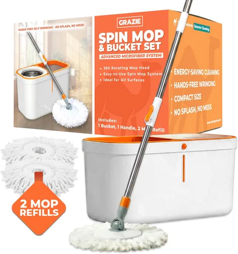 Grazie Juego de trapeador giratorio y cubeta – Sistema de autoescurriente de 360°, mango de acero inoxidable – Limpieza de suelos manos libres para