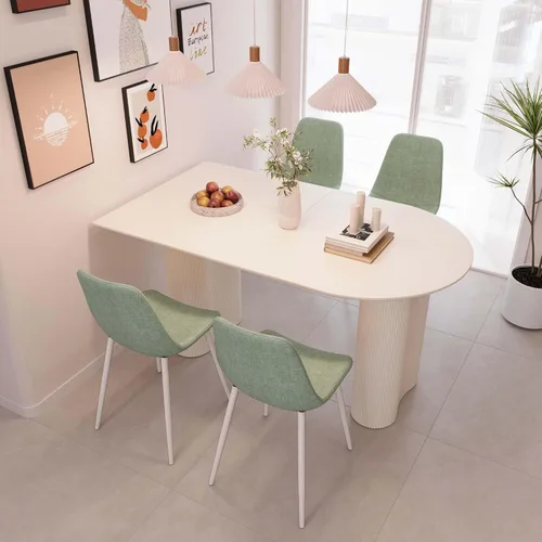 Miniatura 10 de Moderno juego de mesa de comedor color crema para 4, juego de mesa de comedor y sillas de 5 piezas, mesa de comedor ovalada blanca de 63 pulgadas